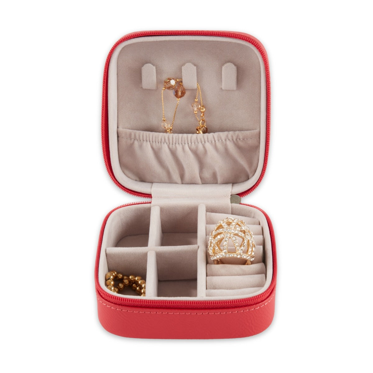 Small Red Leather Travel Jewelry Case with Zipper Closure