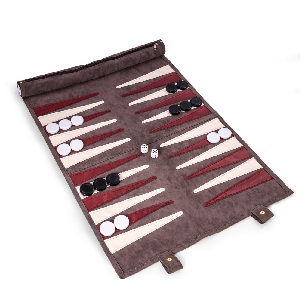 Warren Grey Suede Roll-up Backgammon Travel Set